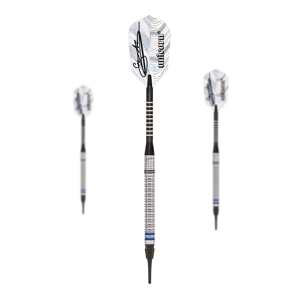 Das Bild zeigt drei Unicorn World Champion Natural Phase 3 Gary Anderson Softdarts mit einem Gewicht von 18g. Die Darts haben silberne Griffe und weiße Flights mit einer Unterschrift und dem Unicorn-Logo.